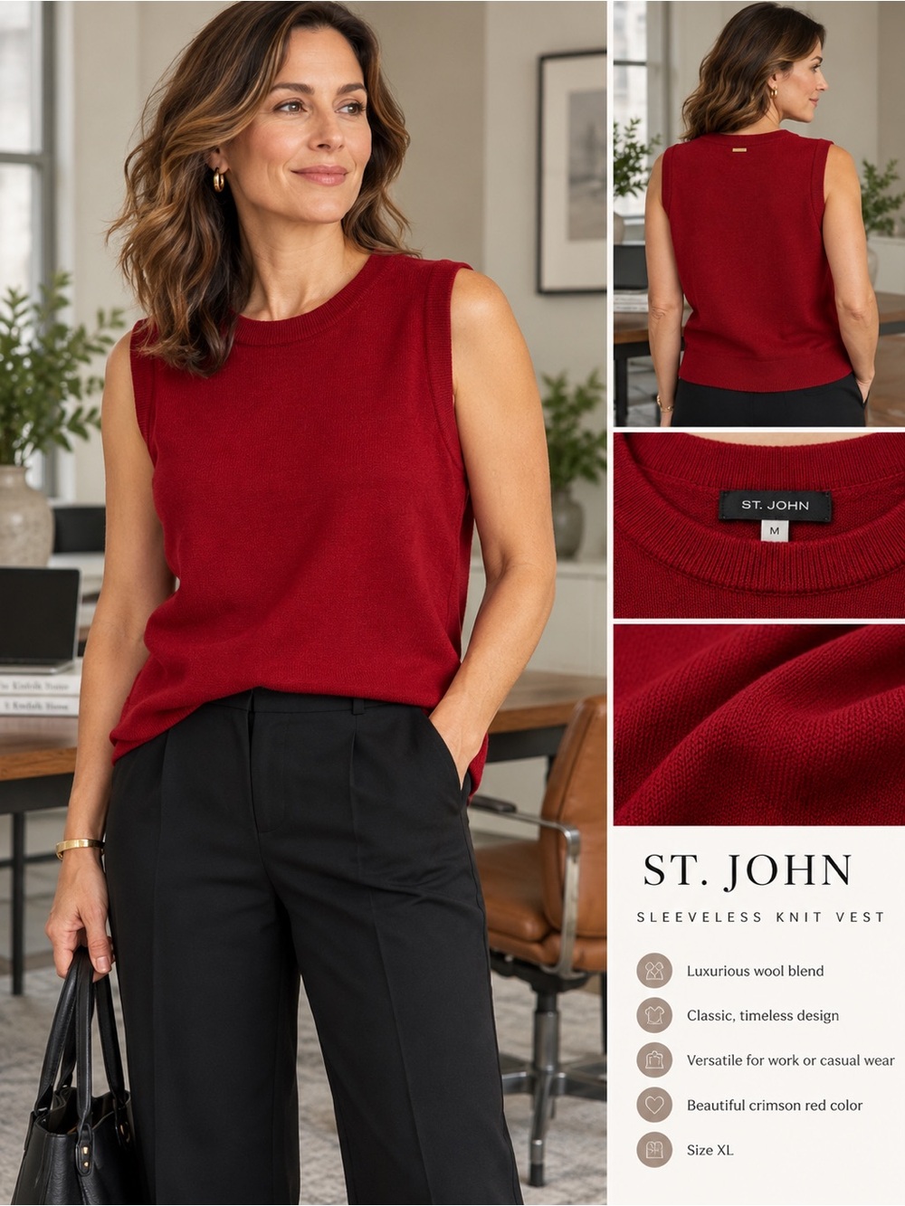 St. John Crimson Red Wool Blend Sleeveless Sweater Vest XL